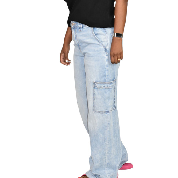 American Eagle High Waist Baggy Jeans Blue Wide Cargo Light Wash Cotton Blend 0 - Picture 11 of 16